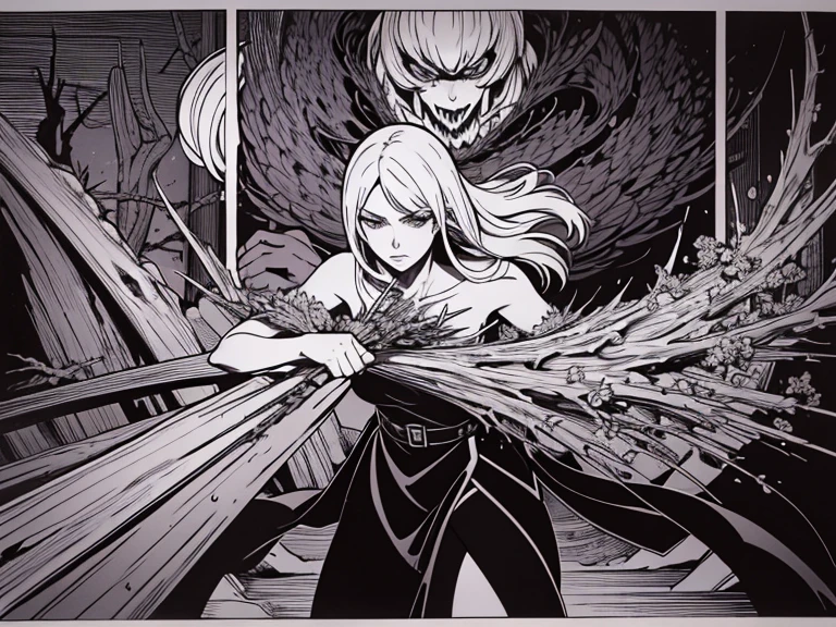 A painting of a woman with long hair and long hair, beauty in demon killer art, perfect anime body, long legs, big breasts, full body movement, 4K manga wallpaper, full body fighting pose, realistic light and shadow, beautiful line art, strong line art, ink art, brush art, Kentaro Miura manga art style, his manga full body portrait, Kentaro Miura's manga style, Shigeri Aishima illustration, highly detailed fine doujin art, Masayoshi Suto and artgerm, detailed manga style