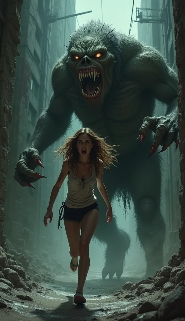 Beautiful naked British busty athletic woman running through a spooky forest、Several men are chasing me from behind., 男たちからrun away, run away, Running in fear, , Woman in the dark forest, Scary creatures in the background, prowling through the forest, Unidentified creature