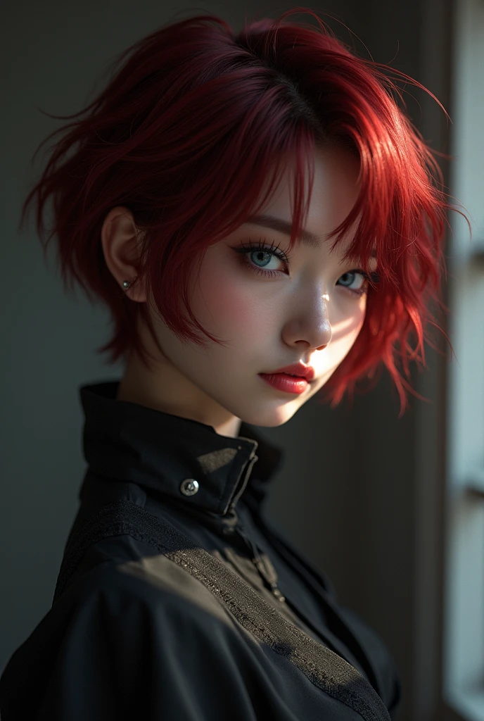 Generates a realistic front-facing photo of a young red-haired Japanese rocker girl