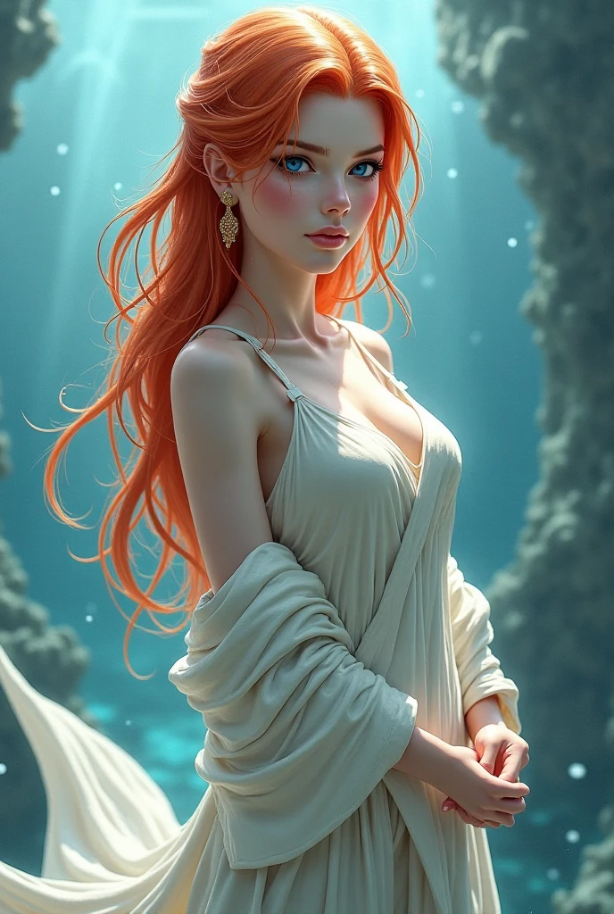 (work of art, highest quallity), ((a girl, standing alone, long hair)), Ismael_RAND, innocent looking, bare arms, Exposing shoulders, bare neck, watercolor, summer dress, liquid clothes, water, Nikke, water dress, Unripe_theme, natta, confusion, tenebrosa, sharp focus, ocean, Transparent robe, hair orange, tails, Queen, forst, magie, Druid