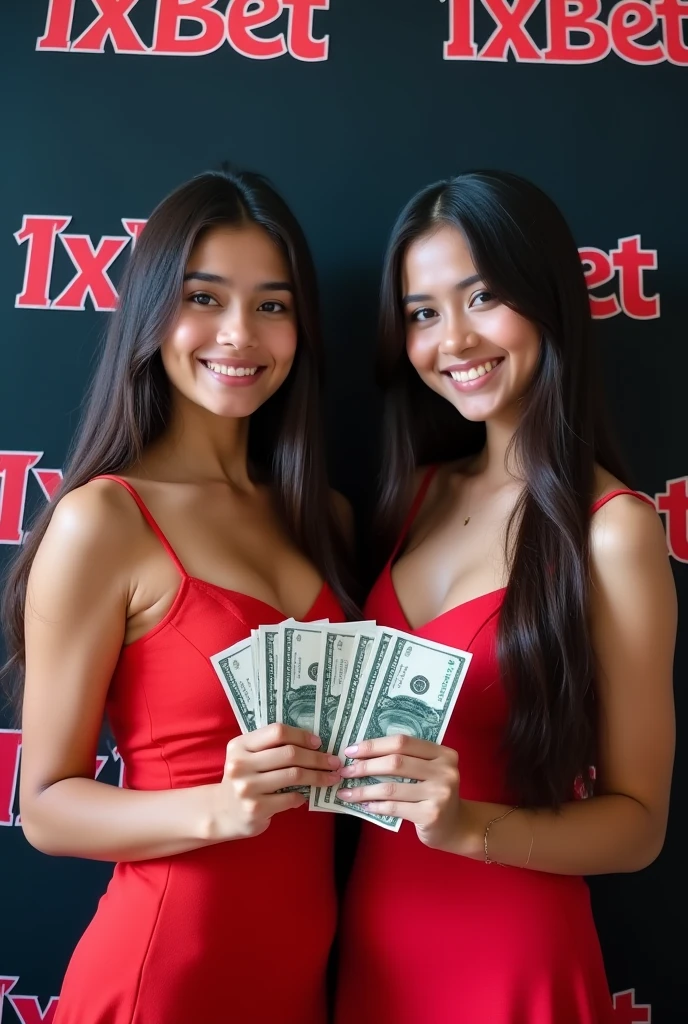 (two thai women:1.3),(super high ponytail:1.5),(top ponytail:1.5),forehead,(huge breasts:1.6),(naked:1.4),(slim waist), (bewitching smile:1.3),(scattered bundles of money:1.5),(Pink lighting:1.3),(Luxury beds,dishevelled bed linen:1.3),(Dimly lit bedrooms:1.5),(cowboy shot),
