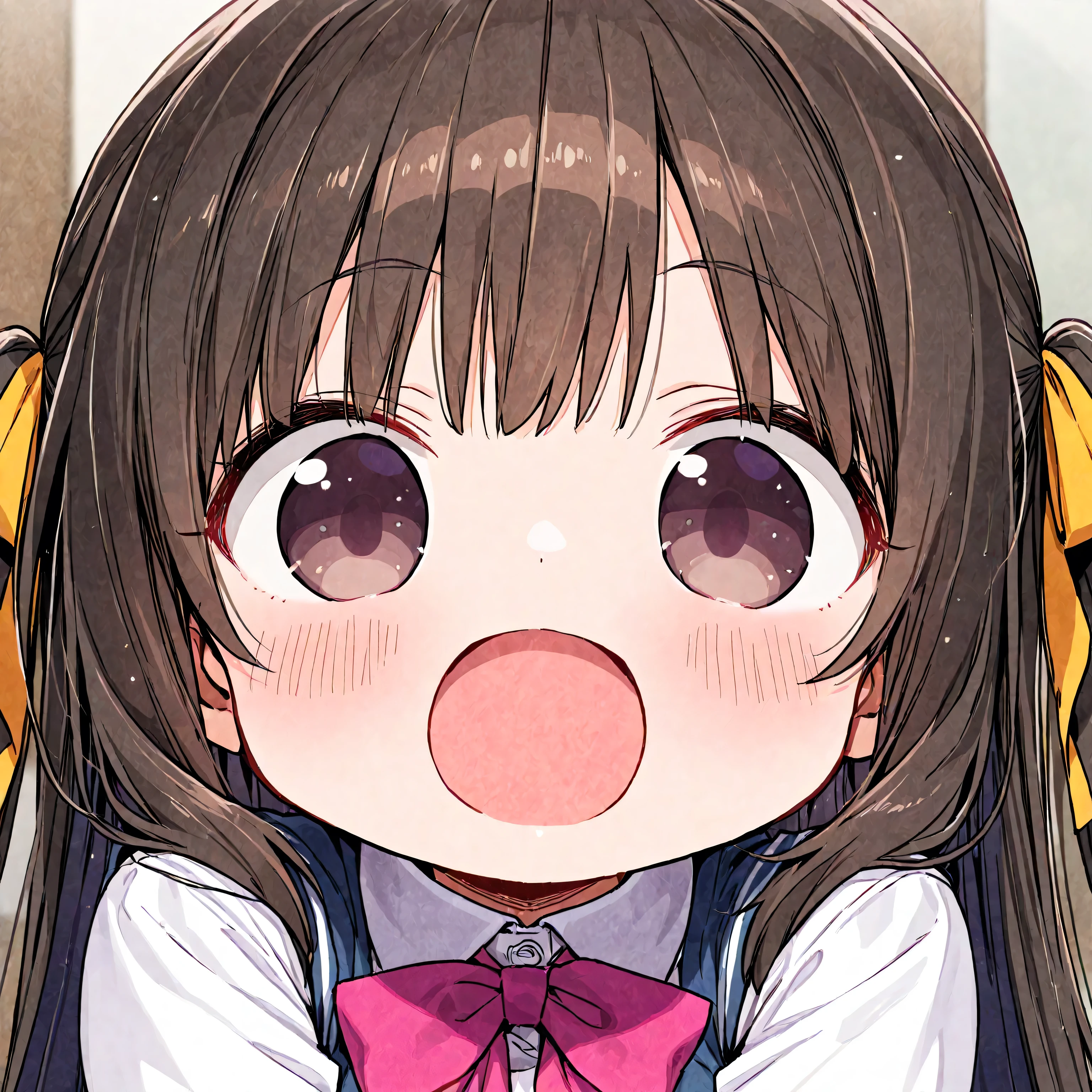 ((masterpiece, best quality)),high resolution,ultra detailed,8k,16k,detailed background, perfect lighting,detailed beautiful eyes,1girl,nsfw,embarrassed,blush,look at viewer,steam,sweat,aroused,seductive eye,(from above,from front:1.4),(pov:1.4),face focus,fisheye lens,1boy,1penis,(oralsex),(deep fellatio:1.4),(deepthroat:1.3),:>=,(penis in mouth),hetero,(slender,kawaii,tiny),(shirai_kuroko,brown eyes,kawaii,brown hair,twintail,flat chest,highlight in eyes),future city,white shirt