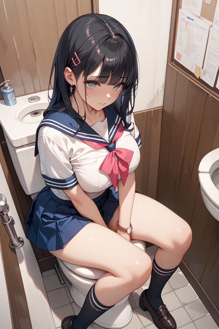 ((((muste piece, Top quality, best quality, 1 girl, solo, beautiful anime、detailed picture))))、(((、slender、thin thighs、normal chest、dark brown hair、straight、long hair、brown eyes、round eyes、Clear system、))),((((toilet、toilet bowl1Two)))、((navy blue blazer、dark blue skirt、school clothes、)))、(((toilet bowlに座る、open your mouth、despair、Are crying、disgust、blowjob、cum overflow from mouth)))、NSFW、image from the knees up、Image from the side、((((1 male、Are standing、Hairy fat middle-aged man、suck penis)))、