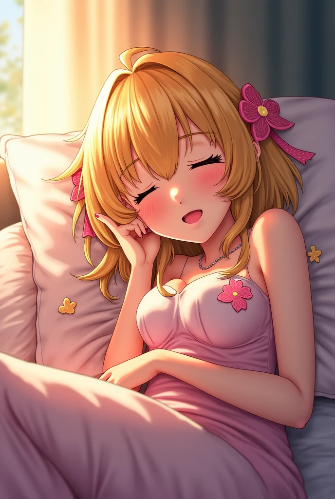 (best quality, ultra-detailed, photorealistic: 1.39), bright and vibrant colors, studio lighting, romantic expression, An effeminate girl, with a delicate and beautiful face. A beautiful mature woman, with her blonde hair with a high ponytail, copper bangs, her blue eyes match her smile, her large breasts seduce, pink dress with beautiful white strap details, she finds herself relaxing in a field of flowers, she holds a heart pillow with hi my loves written on it, manga style, anime features manga style, fully body , she is in love, anime style