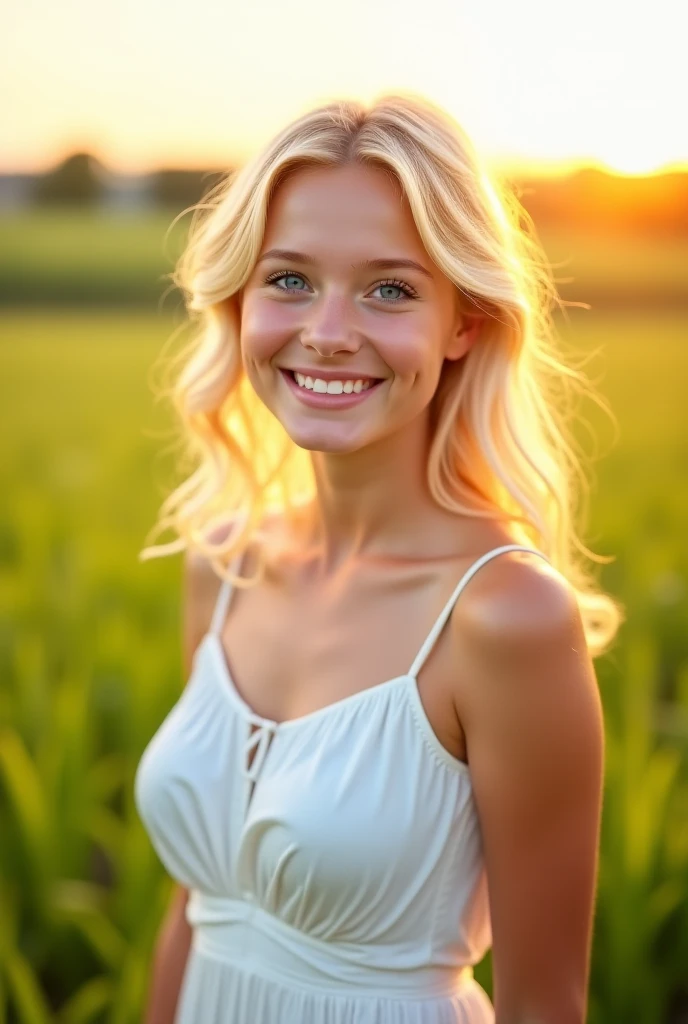 (

a very pretty woman, 23 ans, a beautiful chest, une tres beau sourir, un regard profond, with beautiful blonde hair 
