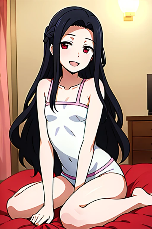 manhua style, young woman, black hair, dark blue jeans, white shirt, bottom heavy, full body shot, wide thighs, wide hips, toned belly, long hair, 160cm in height, open clothing, relaxed, bedroom scene, smirk.**