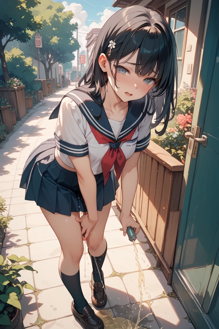 (a woman is hiding in the shadow and leaving from street, tree, fence), (((round face, drooping eyes))), hentai, ((navy sailor suit, pleated skirt, sailor scarf, white-socks, loafers)), (((incontinent, peeing, humiliated))), (((pee dripping from the crotch))), embarrassing, outdoor, braiding, thighs,