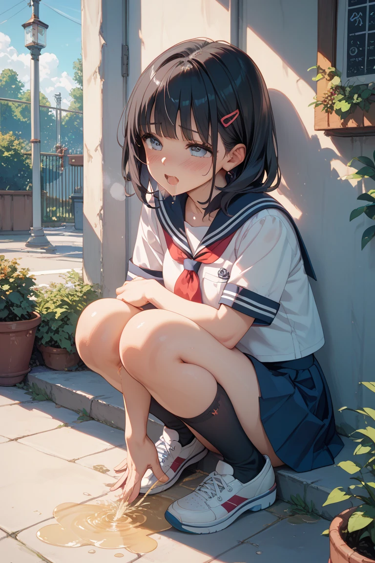 masutepiece, of the highest quality, Summer sky, 1girl in, Solo, Cute delicate eyes,Summer school uniform,sit, (Black socks:1.4), Brown loafers, plein air, rays of sunshine,8K, (white underwear:1.2)