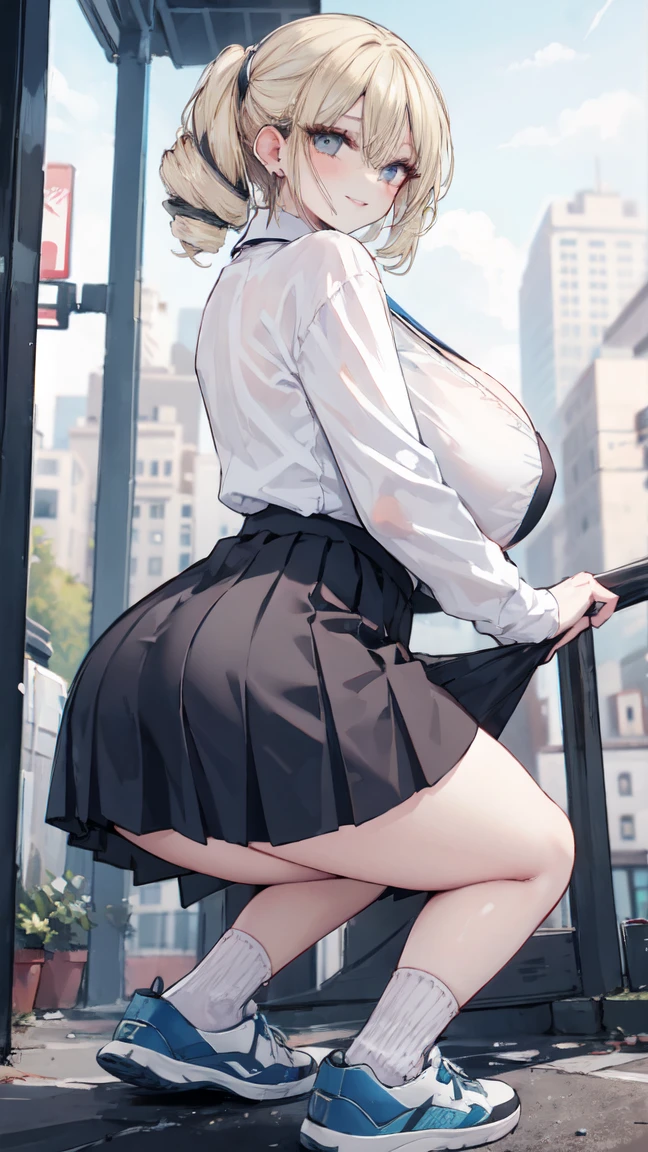 1 Girl,high school girl,RAW Photos,High-cut underwear,Low Angle(Angle where you can see inside the skirt:1.3,pubic hair),smile,wink,cameltoe,from below:1.3,pointybreasts,Highest quality, Ultra-high resolution:1.3, loose socks,Brown Skin(very fine and beautiful skin),blonde, Black gal, Highest quality:1.3,(masterpiece), (Very detailed8K:1.1),Very detailed,Cinema Lighting, Detailed light, Best Shadow, Dynamic Angle,Flashy Panties,Elaborate panties(High leg pants:1.1),Super big breasts:1.6, Plump thighs, mini skirt(Pleated skirt),Indentation:1.1,,In the classroom