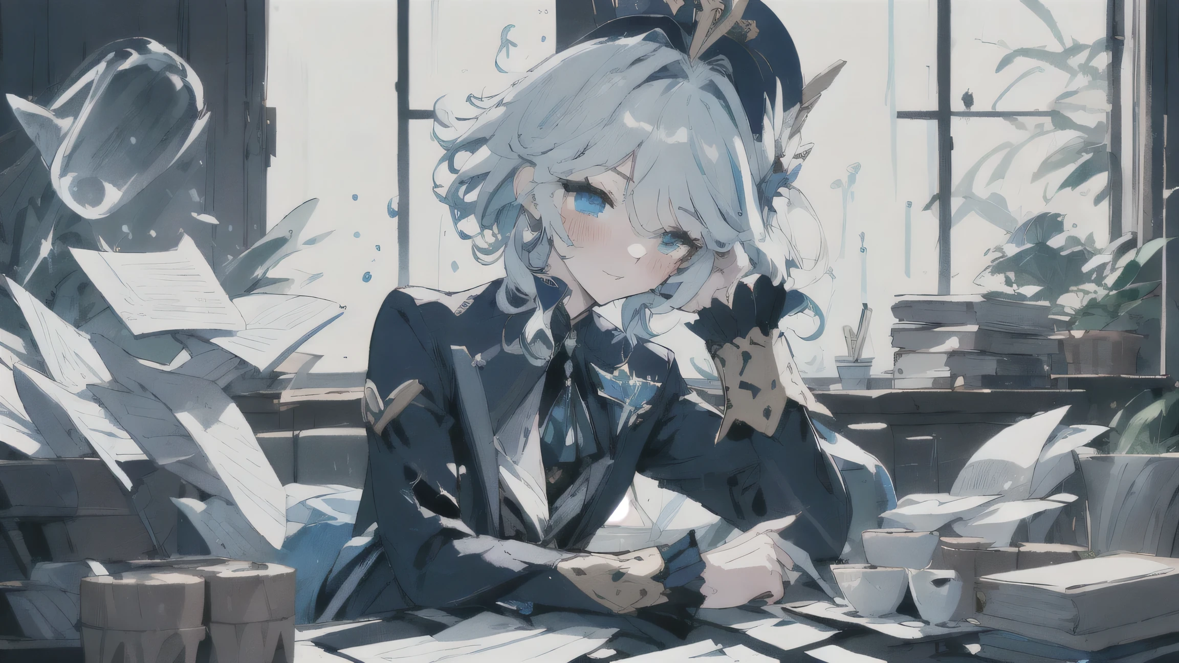 // --- 核心画面与质量 ---
masterpiece, best quality, high resolution, ultra-detailed, 4k wallpaper, official art, Genshin Impact style, illustration, sharp focus, // 设定高质量和风格
(blue color palette:1.3), cool color tone, predominantly blue, (bright lighting:1.2), vibrant highlights, cheerful atmosphere despite rain, // 强调蓝色调、明亮感、鲜艳感
// --- 主体:芙宁娜 ---
1girl, solo, Furina (Genshin Impact), Focalors, (default Hydro Archon outfit:1.1), blue and white dress, // 角色和服装
(no hat:1.4), short white hair, heterochromia, // 强调不戴帽子
(beautiful detailed face:1.2), perfect closed eyes, intricate details on face, peaceful expression, serene, sleeping, // 强调面部细节和睡颜
// --- 动作与姿势 ---
asleep on desk, (head resting on arms on top of books:1.1), lying prone on a stack of books, // **关键:睡姿**
(character centered, slightly lower in frame:1.2), (medium shot:1.1), // **关键:构图调整,居中偏下**
// --- 环境:窗边书桌 ---
indoors, sitting at a wooden desk, large window behind desk, (rain outside:1.1), raindrops on window pane, blurred view through rainy window, // 设定窗边雨景
bright elegant room interior, // 房间内部,强调明亮
// --- 道具 ---
stack of books (under head), (small fancy cake:1.1), (cup of coffee:1.1), plate, scattered papers, pen, on the desk, // 桌上的道具,增加书本和纸笔
// --- 可选细节 ---
delicate hands (visible near head), detailed clothing folds, soft ambient occlusion, depth of field (focus sharply on Furina and immediate desk area)