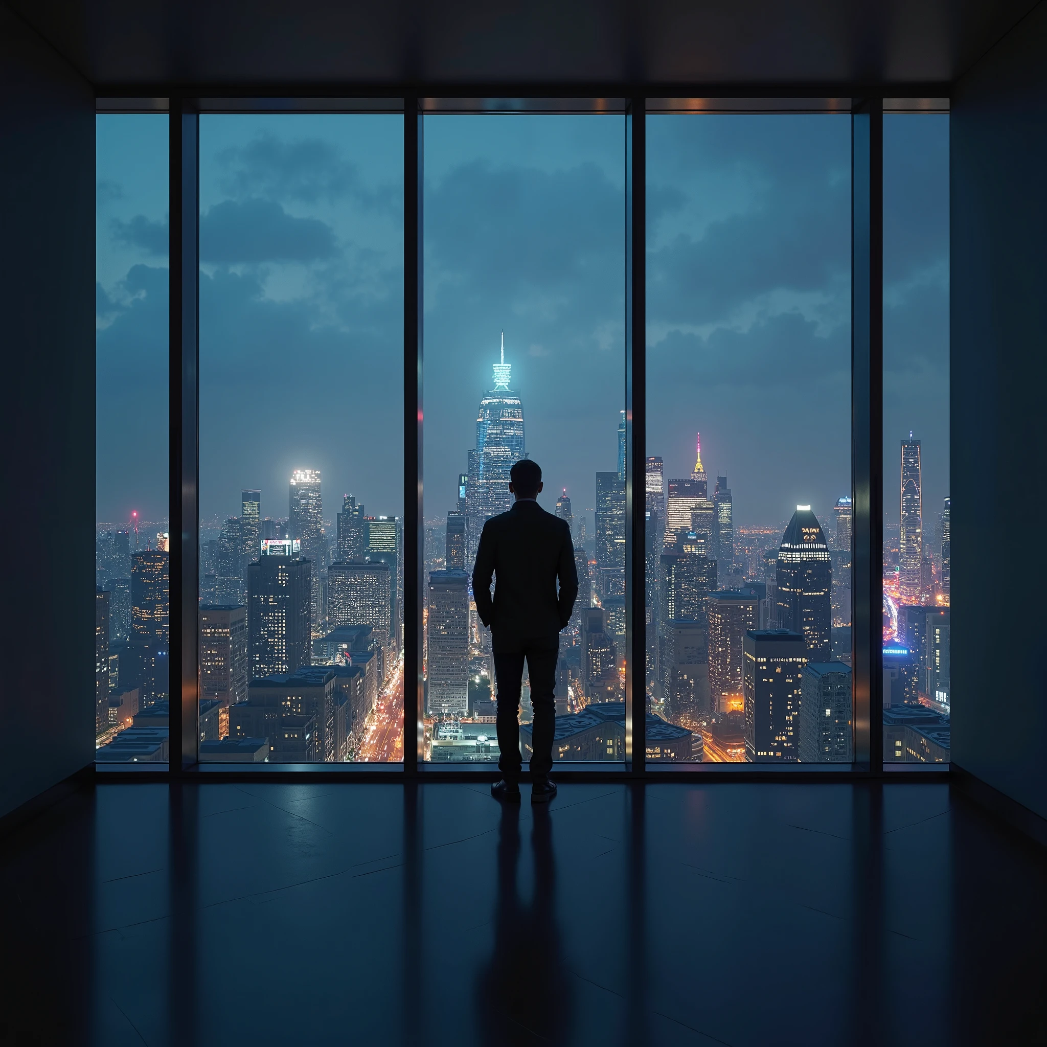 A vector with black casual uniform stands on high business center in a megapolis, staring at stars on the sky