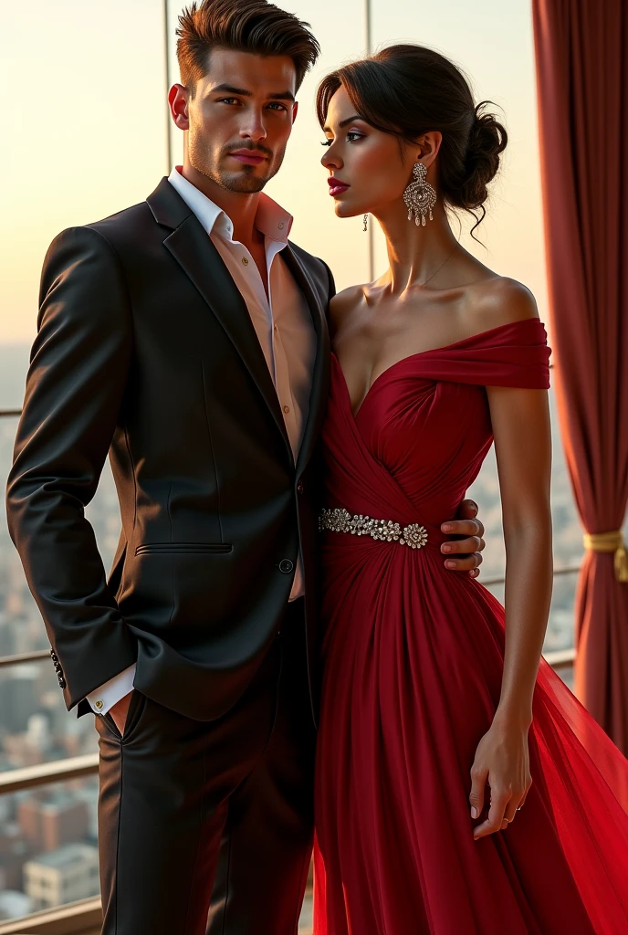 A beautiful sri lankan lady with curly long voluminous hair, fair golden and clear skin, has hourglass body shape , wearing a beautiful flower bodyconn dress, happy, can clearly see hourglass bodybshape, eye catching beauty..i need the full body picture..and not that much slim .she should have a medium size body.dress should be black and with small rose flowers .it should be long body conn dress which should length upto ankle..f,owers should be reallu small and red..she should be with a really handsome tall man .she is not pregnant. They live inside a rich calm and beautiful house happily.