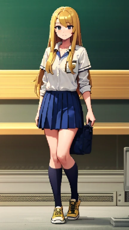 highest resolution, 8K ,Best Quality, high detailed, semi-realistic anime, Anime 3D Style, Smooth Anime CG,1 girl in,14year old woman in Japan, slim, modeled, shiny chestnut hair, Medium Hair, school Sailor Suit, open clothes, show bra,  Junior High, Short sleeve, Navy blue mini skirt, White knee-high socks, Black leather shoes, School bag, in the school classroom, smile, Facing forward, 
