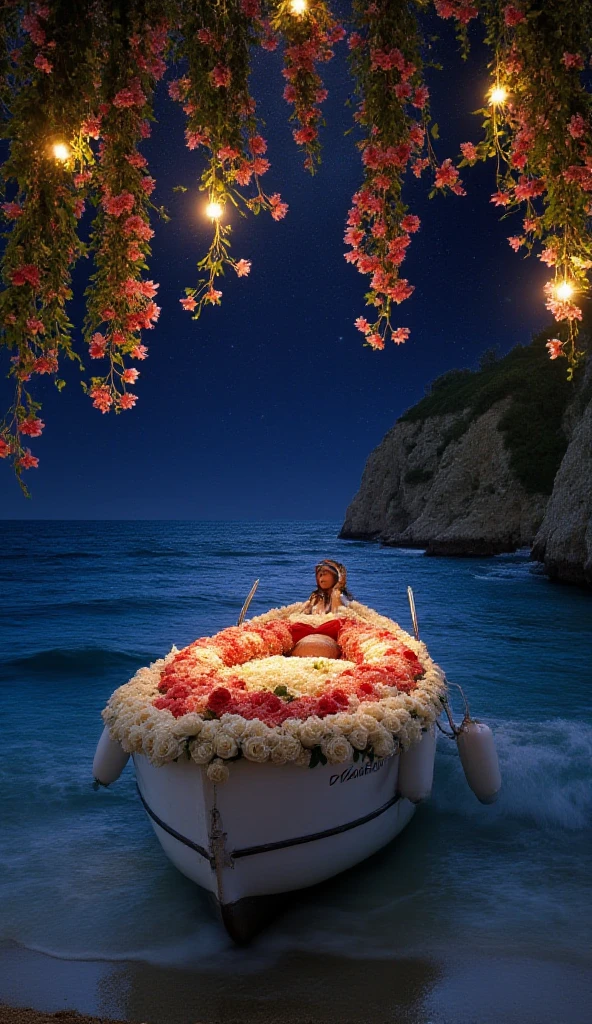 Generates an image of a beautiful blonde woman with a wreath of red roses who is looking at the horizon, she has a greek dress. The woman sits like a queen in a large shell, the shell is floating in the sea and is decorated with roses just like part of the sea. The woman holds a dove in one hand. The environment is an ocean with a pink sky, in the sky you can see the planet venus