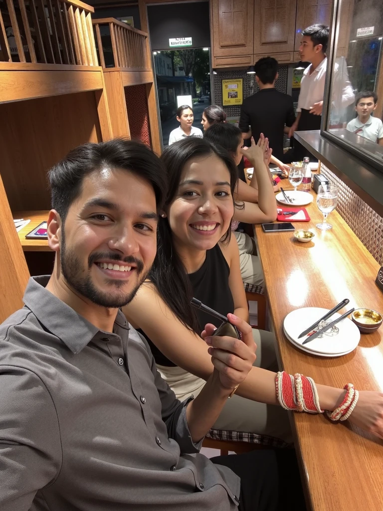 There are three people sitting at a table with drinks and food., powder Nándor Katona, family dinner, very low quality image, profile photo 1024px, 4k post, 4k post, in sao paulo, 8k selfie photograph, happy family, profile image, malika favre, instagram story, not blurry