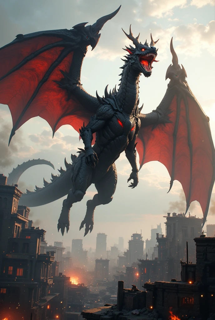 illustration of a dragon on a rampage destroying urban buildings with a realistic night atmosphere and spewing fire from its muoth
