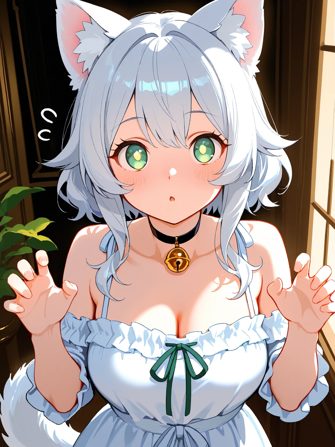 courage, 1girl, solo, long_hair, breasts, looking_at_viewer, blush, smile, short_hair, open_mouth, blonde_hair, large_breasts, indoor, bare_shoulders, medium_breasts, green_eyes, white_shirt, upper_body, :d, sleeveless, blunt_bangs, medium_hair, gradient, gradient_background, sleeveless_shirt