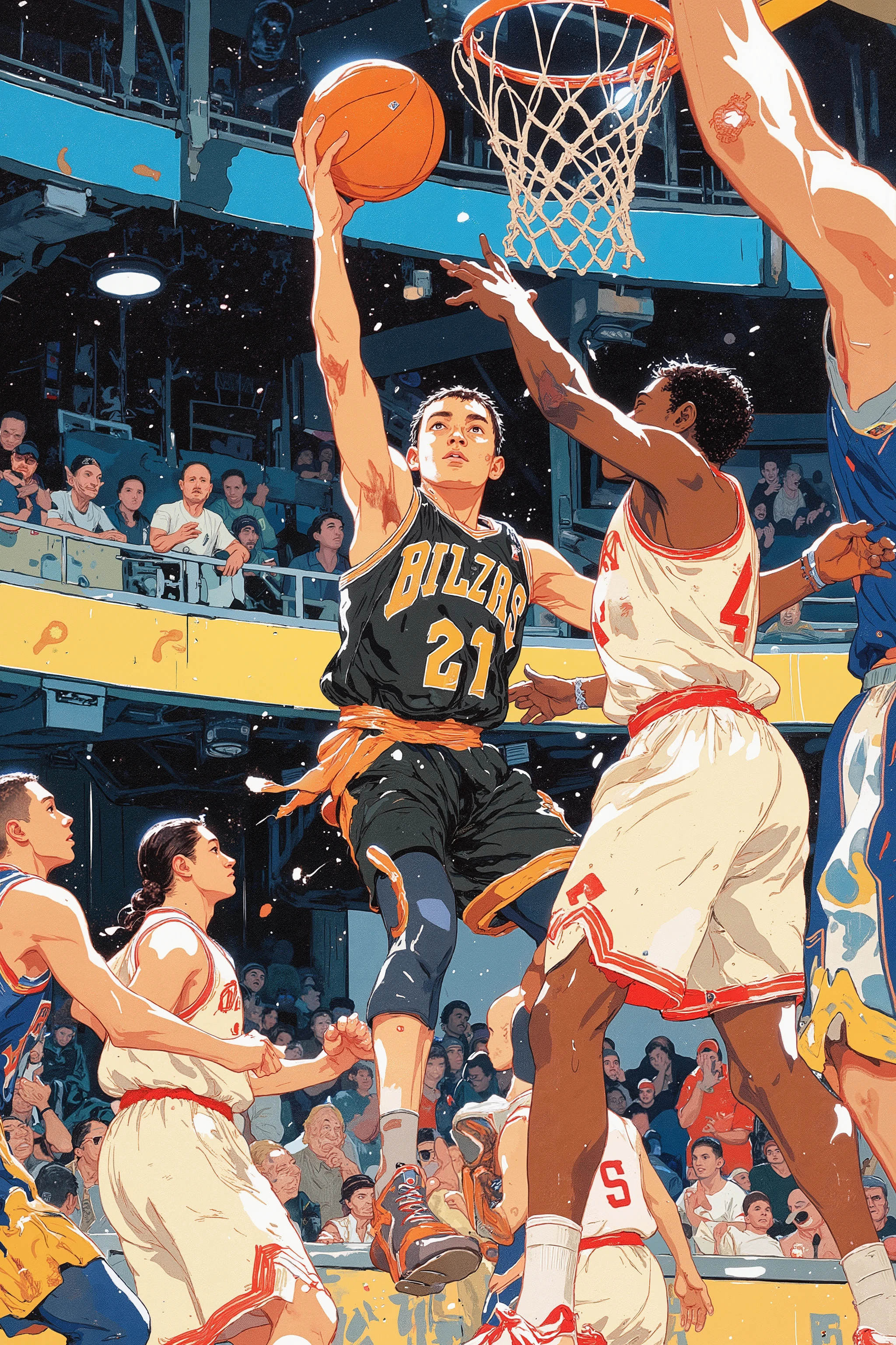 ((best quality))、(super high image quality)、(Super Detail)、(detailed description)、(Best CG ))、(masterpiece)、ArsMJStyle、(Zen ink wash painting)、slam dunk_Mitsui Hisashi、Mitsui Hisashi's 3P shot、(SPARK exciting three-point shot、angle from directly below)、when you give up the game ends there、realistic expression、age up 、 cowboy show , sftsrv style illustration