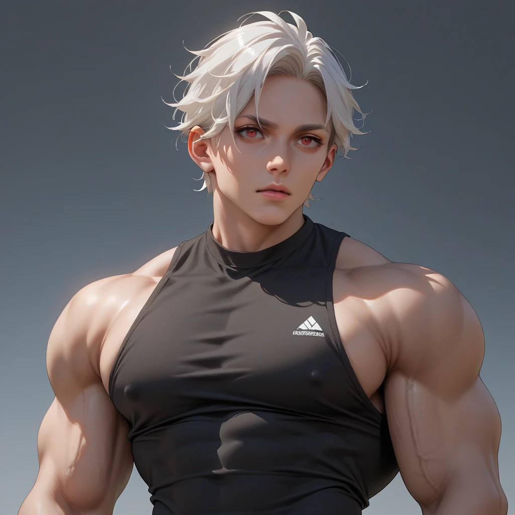 A guy with diamond shape jawline, and medium hair, wearing sleeveless top, and grey joggers.