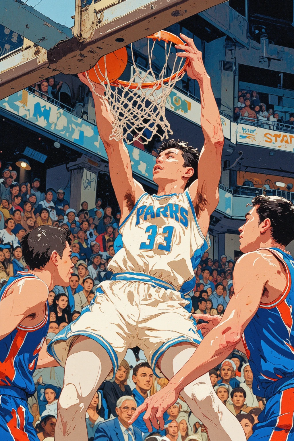 ((best quality))、(super high image quality)、(Super Detail)、(detailed description)、(Best CG ))、(masterpiece)、ArsMJStyle、(Zen ink wash painting)、slam dunk_Mitsui Hisashi、Mitsui Hisashi's 3P shot、(SPARK exciting three-point shot、angle from directly below)、when you give up the game ends there、realistic expression、age up 、 cowboy show 