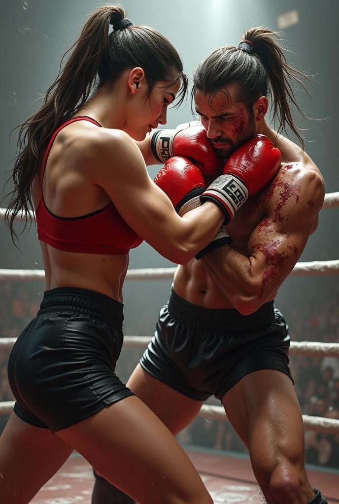 A very tall, muscular woman will box with a man and boxing has started.