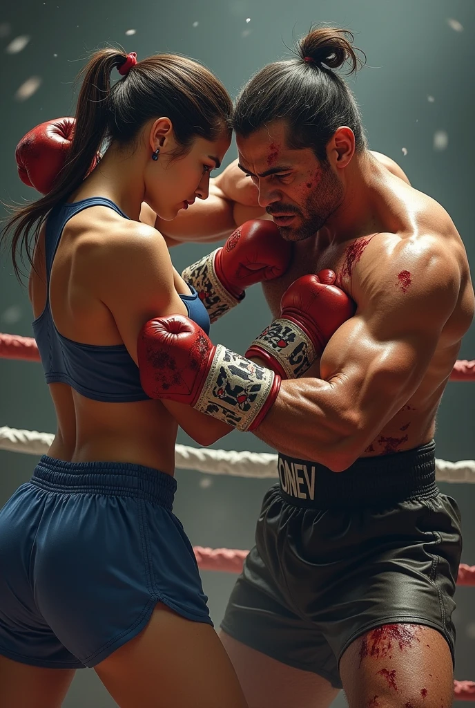 This image shows a man handing a can of Coke to a beautiful female boxer in a bikini. The background of the image is a boxing ring, and the can and the brand of Coke are clearly visible.