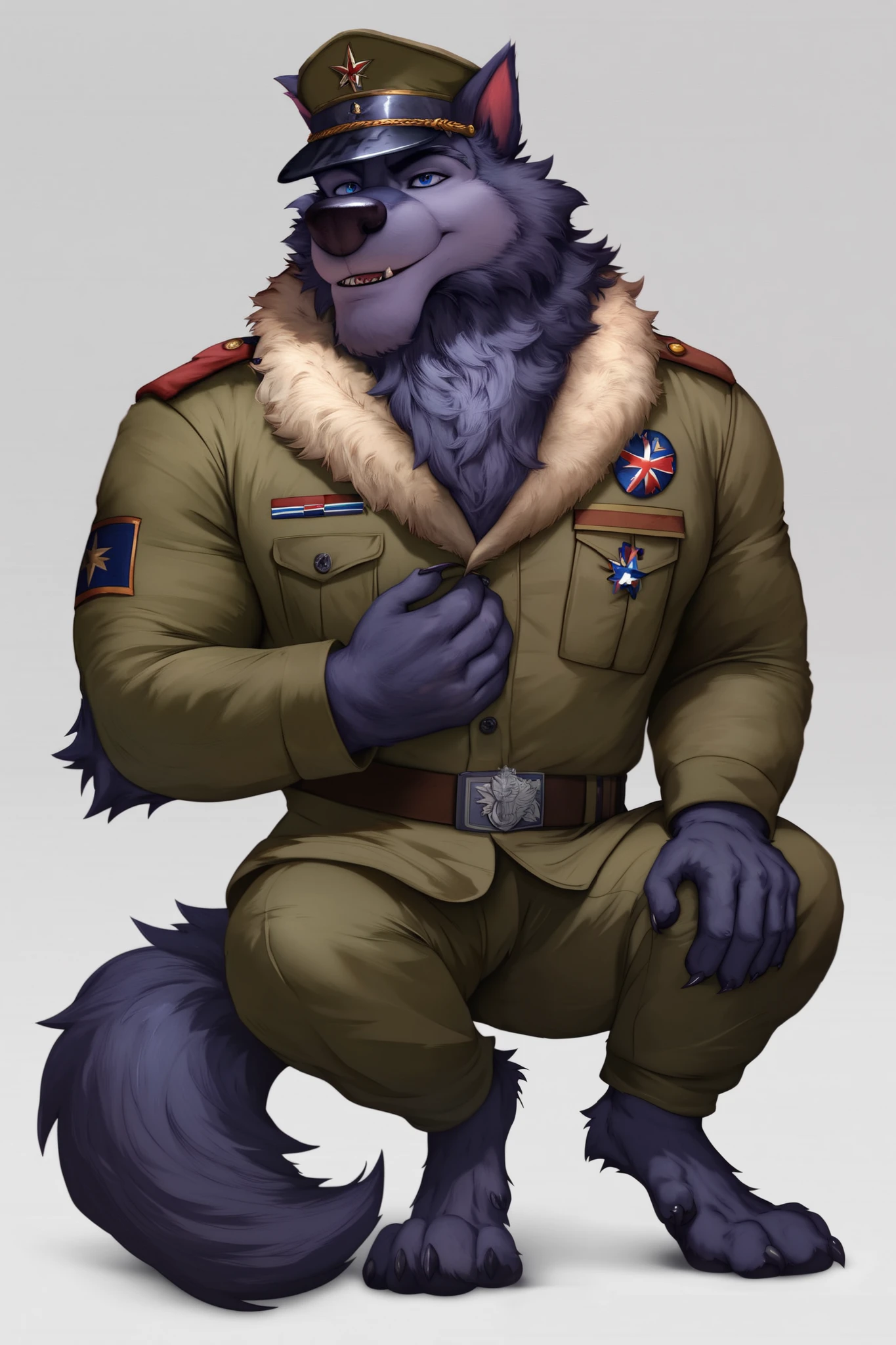 (Flasheart Lupin 100% wolf:1.0), Author: Takemoto Arashi, (1 boy), Flasheart Lupin, One, solo, Werewolf, male, massive body, dark blue fur, Red fur tips, muscle, Beautiful, sexy, hunky, Attractive guy, (Detailed blue eyes), Browster, a high resolution, Best quality), 4k, male, portrait, fatherly, Werewolf, full body, wearing WW1 British Army Scottish Cut away tunic coat, WW1 British Army Soldiers Khaki Drill Trousers, and WW1 P05 stiff peaked cap, saluting,