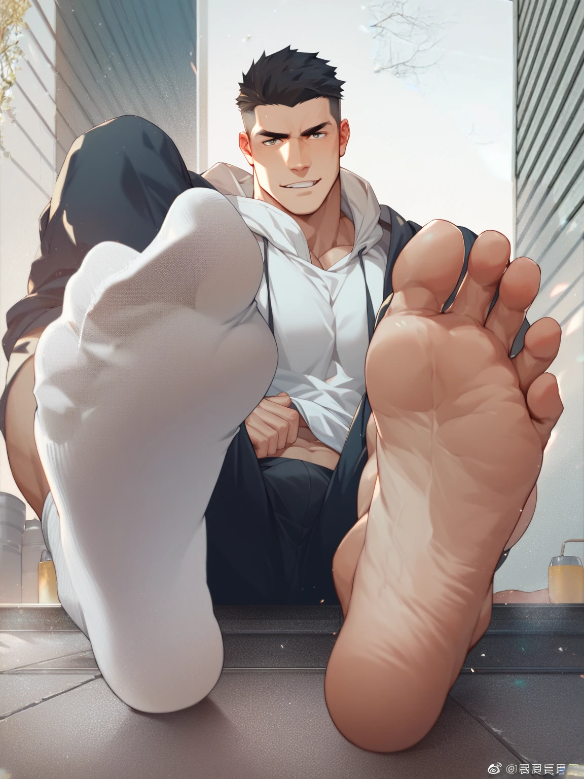 1 chico, male focus, hombre de Dark skin, Dark skin, sin, heart hands, alone, wooden floor, floor, inside, alone, looking at the viewer, frown, sweat drop, very short hair, Best Quality, amazing quality, Better aesthetics, absurdities, sweaty feet, Detailed feet. naked
