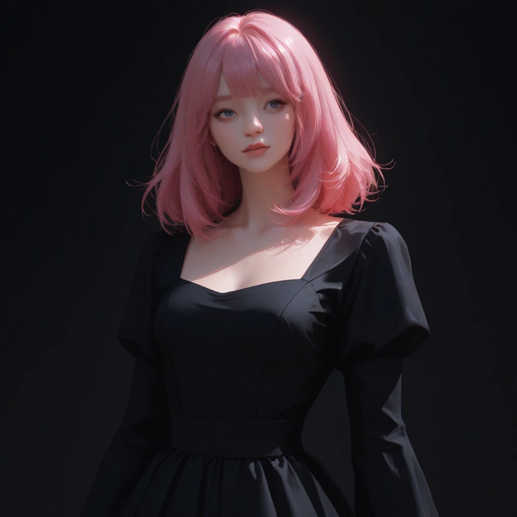 (masterpiece),(best quality:1.5),(highres), wallpaper 8k, detail skin, detail face, detail eyes, 1girl, solo, pink hair, hair ornament, blue eyes, black dress, standing, full body, indoor, simpel blackground, (watermark Mr,x:1.5),