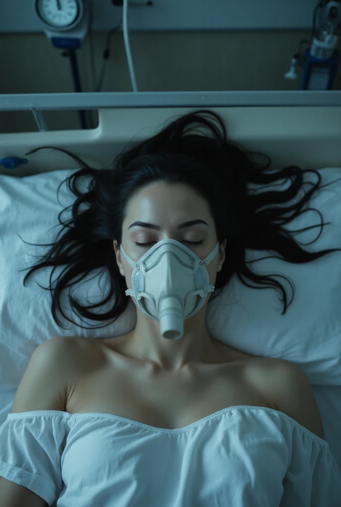 Generate a woman lying down with her feet visible with long white socks covering her entire sleeping leg with a large gas mask and blue nitrile hospital gloves and her entire body visible