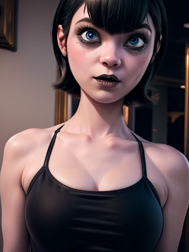 girl, black hair, forehead, bob cut, green face, big eyes, black dress, bare shoulders, short dress cleavage, slim, sexy, 3d, painted face, grin, evil