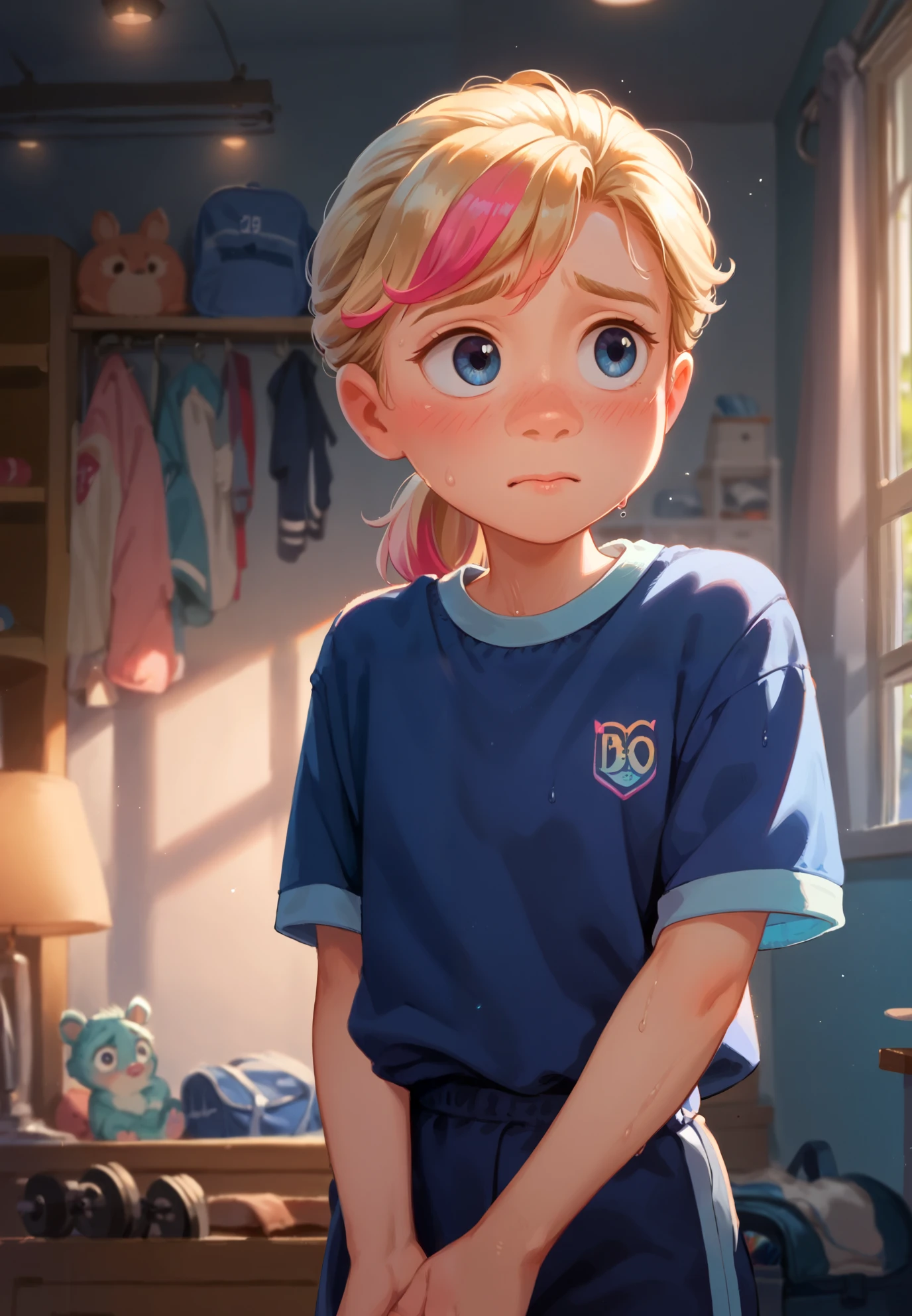 1girl, solo, Riley Andersen, Inside Out, shy, blush, sweaty, blonde ponytail hair with pink highlights, school gym outfit, storage room, night time, beautiful lighting and shadows,