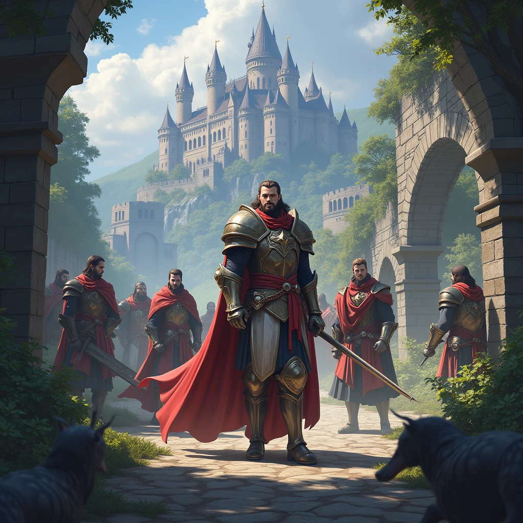 (masterpiece:1.2), (best quality:1.2), perfect eyes, perfect face, perfect lighting, 1boy, mature male, bald, absurdly long black beard, steel armor, breastplate, shin guard, pauldrons, gauntlets, fantasy, detailed outdoor background