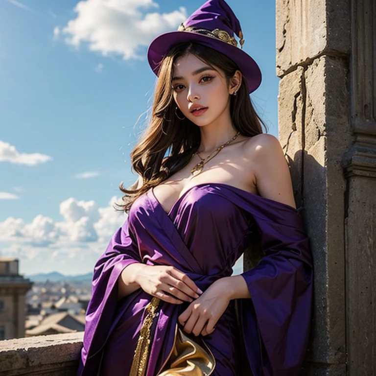 a beautiful girl, perfect face, arms at sides, masterpiece, ultra high res, high quality, 4k, upper body:1.5,  lisa (genshin impact), urple witch hat, green eyes, brown hair, (PureErosFace_V1:0.008), (european:1.6), bangs, dress, rose, jewelry, witch, capelet, purple headwear, black gloves, purple flower, hair between eyes, purple rose, parted lips, purple capelet, hat flower, multicolored dress, hair ornament,  windmill, from side, big breasts and slender body 