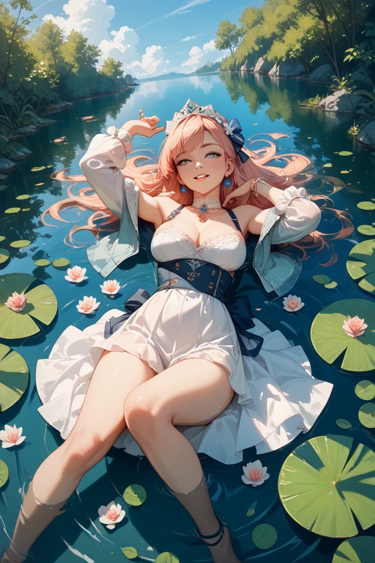 ((Finest quality)),(超A high resolution),(ultra-detailliert),(Meticulous portrayal),((the most picturesque works of art),Ultra-Precision Art,The art of astounding depiction,Fantasyart:1.5, ((Beautiful flowers々:1.5)),((Creeper:1.5)), (Body eroded by flowers:1.3),Glamorous body:1.3,fancy background effects、​masterpiece、Fancy details、(NSFW 1.1), ((1girl in)), ((masutepiece)), ((Highly detailed:1.3)), In crystal clear water,beautiful woman entering the lake, ((Long blonde pink hair)), Wet hair, Wearing a light transparent dress, clothed bathing, steam, (Rose petals floating in water:1.3), Early morning light, Ivory Gold AI, windows, Crepscular lighting, 、Lace sheer underwear、very very gigantic boobs、Pink nipples、pink areolae，透けて見えるPink nipples、透明なpink areolae、lace and string shorts.、princess carry,Sexy lingerie with lace and strings,See-through sexy lingerie,Transparent lingerie、translucent  dress、pearlsescent、pearls、Sexy Harness、Sexy garter belt、Sexy Stockings、Well equipped,intimate, rose garden、Multicolored roses、lake with floating roses、Lying down、Open legs、Spread your legs、Open thighs、Immersion in water、Wet body、splash water、Gorgeous floral decoration、big flowers、stylish hair