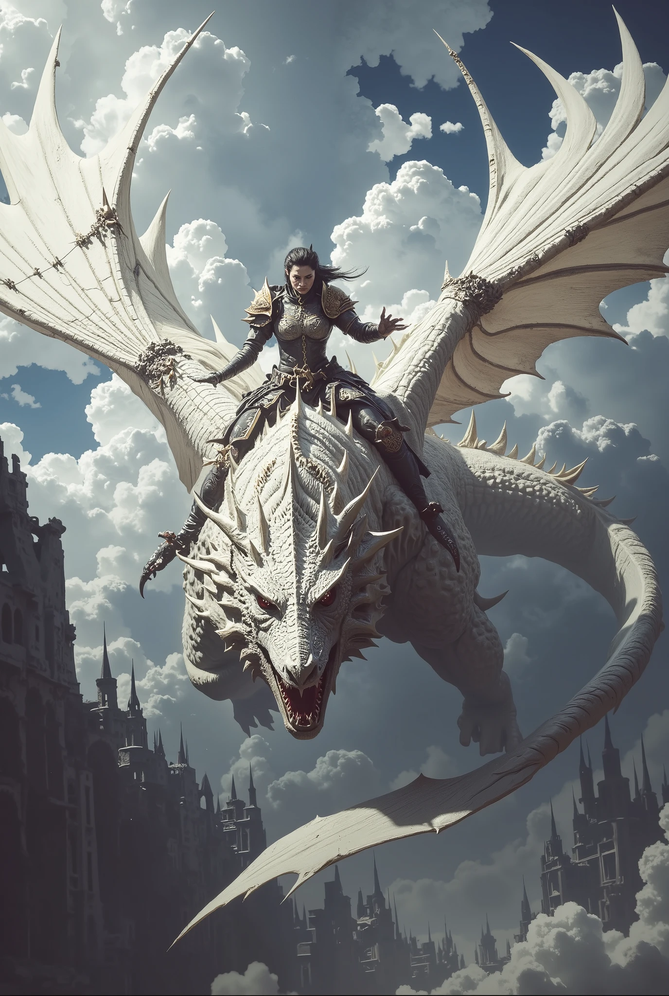 A female warrior is riding on a dragon which is flying and roaring , white dragon , detailed dynamic dragon, roar, awe, face to the camera, (slim and sharp figure) ,widely spread the wings, cityscape, destroyed, war, in background, (best quality, 4k, 8k, incredibly absurdres , masterpiece:1.2),ultra-detailed, (realistic, photorealistic, photo-realistic:1.37),HDR,UHD, cinematic lighting, best lighting allocation, ultra-fine painting, sharp focus, anatomical perfect rendering, extreme detail description, professional, optimized colors,