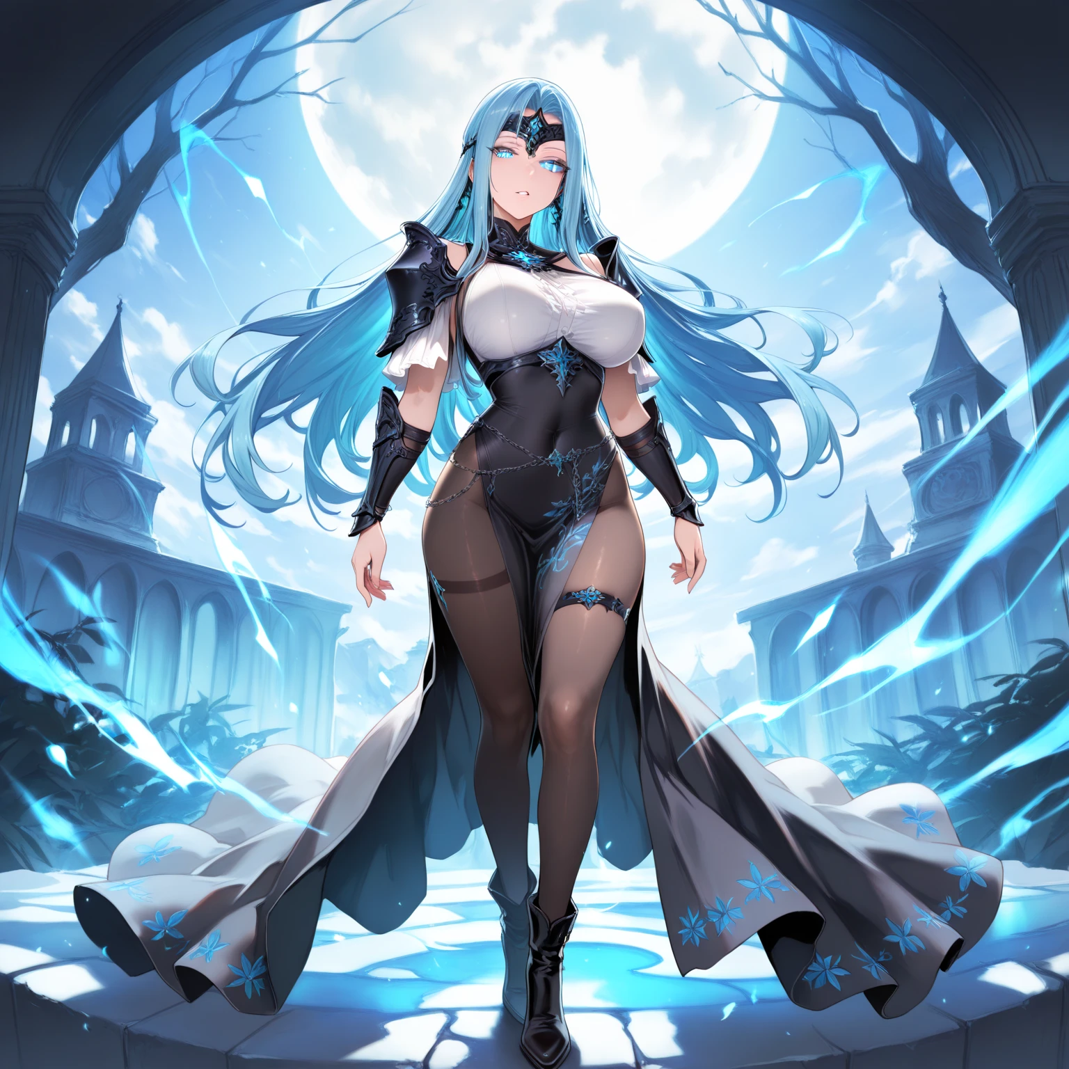 (best quality, highres, ice skull:1.1), ice skull, girl style, thick body art, detailed facial features, icy blue eyes, glossy lips, long eyelashes, porcelain skin, blue and silver color scheme, intricate skull design, realistic texture, vibrant colors, elaborate background, mysterious atmosphere, frozen garden, snow-covered trees, sparkling ice crystals, surreal lighting, fantasy elements