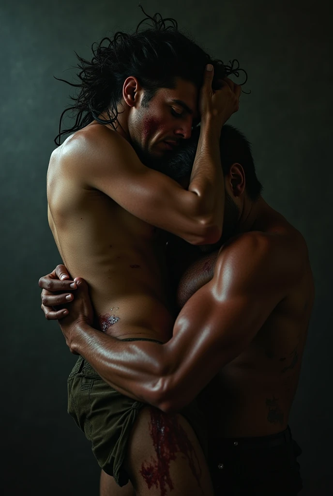 one men, descendant of indigenous people, Longhaire, big mouth, fleshy lips, wide nose, touching the penis to another man's penis