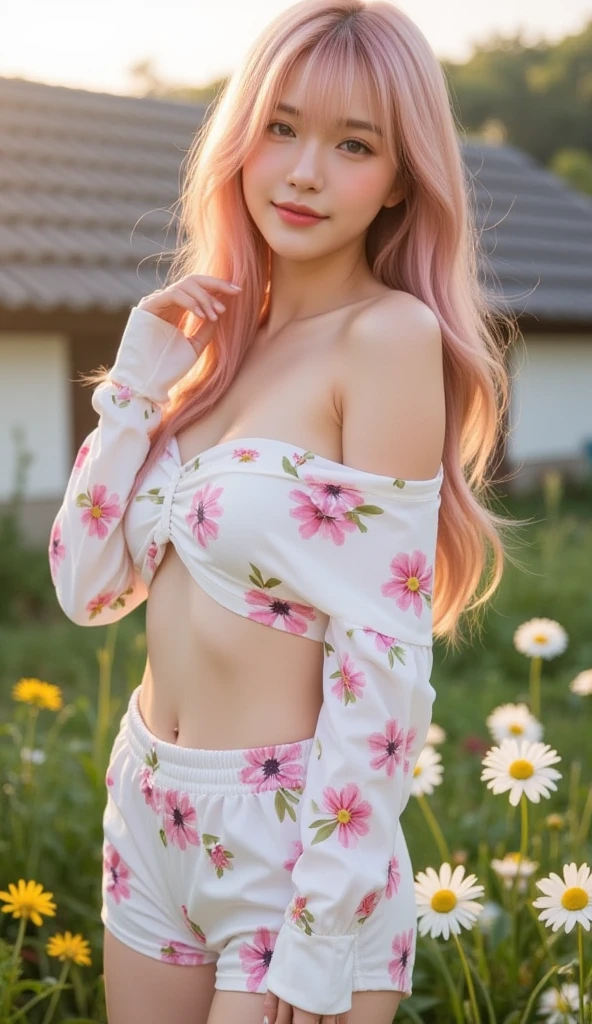 Light pink hair, Pink Eyes, , Clouds in the blue sky, Vibrant colors, steampunk, blouse white、Tankini、Paint splashes, Sunflower field,  Wavy long hair、One female、Night Pool