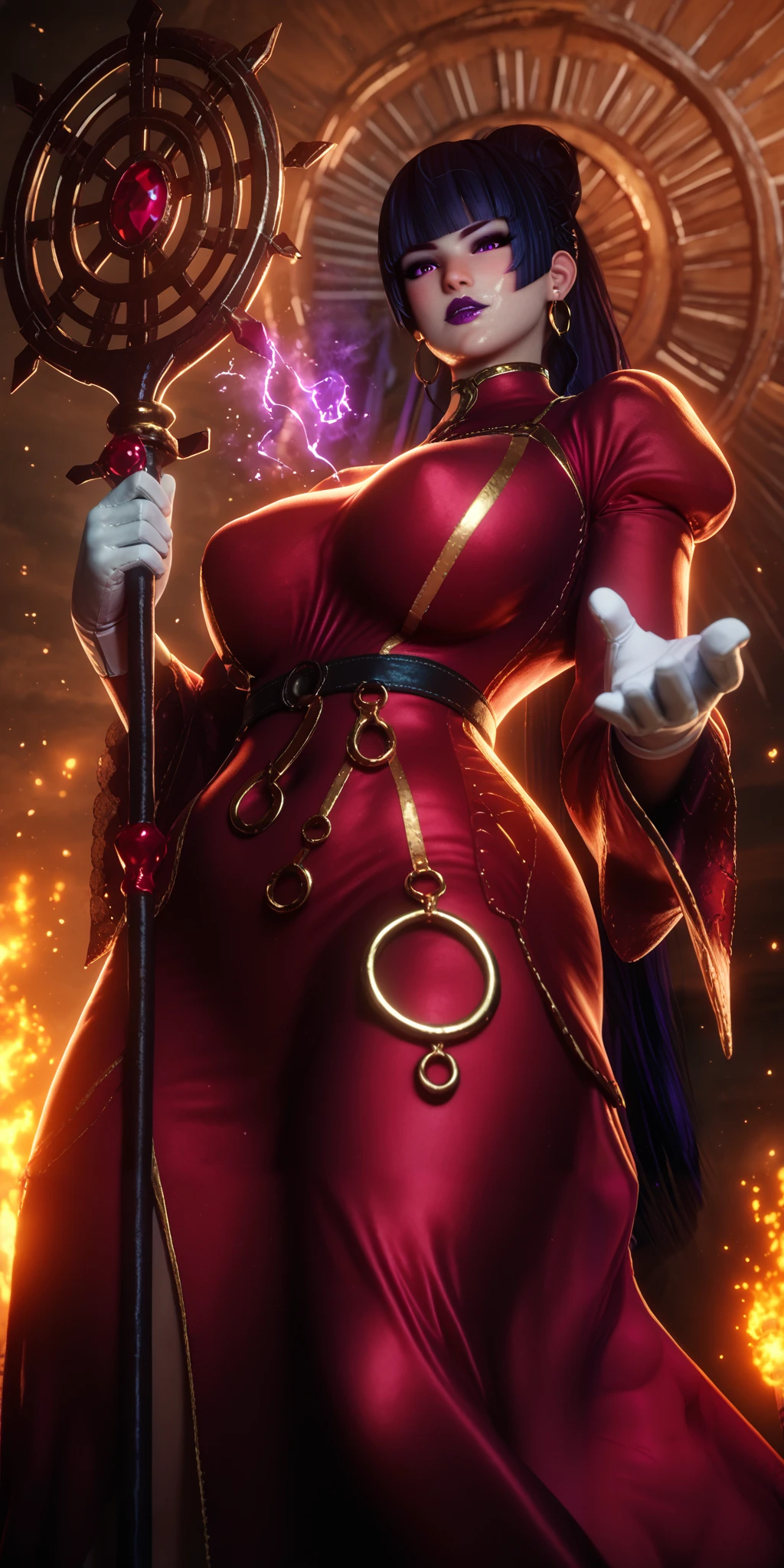score_9, score_8_up, score_8, score_7_up, bouqtm, 1girl, nyotengu, single hair bun, purple eyes, huge breasts, purple lips, plump, shiny skin, 1girl, solo, gloves, breasts, earrings, jewelry, white_gloves, black_hair, staff, looking_at_viewer, parted_lips, holding, dress, from_below, holding_staff, long_sleeves, puffy_sleeves, covered_navel, black_dress, ((dusty)), ((aura)), Cinematic, looking down, shaded face