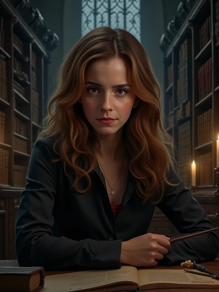 Emma Watson, sexy prostitute outfits, studies in the Hogwarts library, sitting at a table in front of a pile of books, short wavy hair, instagram pose, full body, complex, seductress, smiling, small breasts, at night, Highly detailed, digital painting, ArtStation, Concept art, smooth, sharp focus, illustration, Illustration by Wlop, Charlie Bowater and Alexandra Fomina