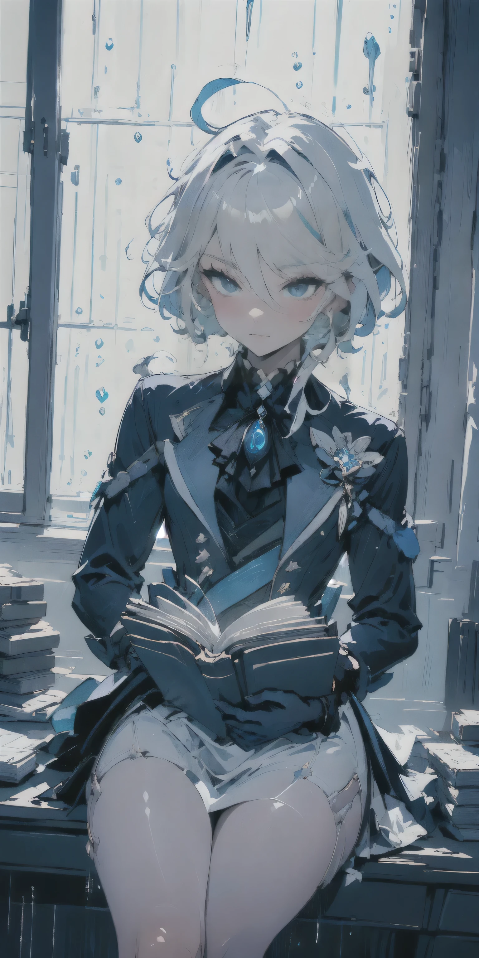 masterpiece, best quality, high resolution, ultra-detailed, 4k wallpaper, official art, Genshin Impact style, illustration, sharp focus,
(blue color palette:1.3), cool color tone, predominantly blue, moody lighting, rainy day atmosphere,
1girl, solo, Furina (Genshin Impact), Focalors, (default Hydro Archon outfit:1.1), blue and white dress,
(no hat:1.4), short white hair, heterochromia,
(beautiful detailed face:1.2), perfect eyes, intricate details on face, focused expression, calm expression, serene,
sitting at a wooden desk, reading a book, holding an open book, looking down at book,
(long shot:1.2), wide angle view,
indoors, spacious elegant room, sitting near a large window, (window behind desk:1.1), (rain outside:1.2), raindrops on window pane, blurred view through rainy window,
(small fancy cake:1.1), (cup of coffee:1.1), steam rising from coffee, plate, on the desk, beside the book,
delicate hands, detailed clothing folds, ambient occlusion, depth of field (focus mainly on the desk area and window, character slightly less sharp than closest objects)