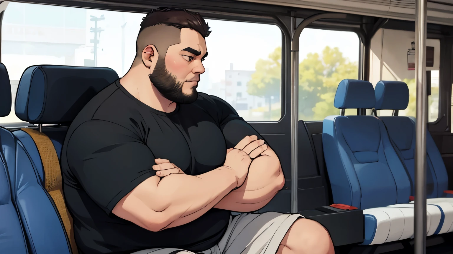 Chinese man, big brother, inch head, bald head, muscle masterpiece, air brother, fat and strong, uniform temptation, shorts, smile, uncle, thick legs, fat buttocks, leg hair, socks, inch head, on the plane seat, robust, man, --auto --s2