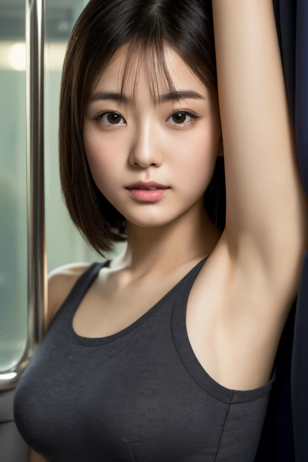 (Two people)、(a detailed full-body RAW photo of a girl)、(masterpiece:1.0)、(top-quality:1.4)、(超A high resolution:1.2)、(Photorealsitic:1.4)、8K分辨率、Canon EOS R5、50 millimeters、absurderes、ultra-detailliert、(25-years old)、foco nítido、Cinematographic lighting、Detailed beauty face、(makeups:1.2)、(ulzzang -6500-v1.1)、tall、detailed skin textures、pale-skinned、large full breasts、(Slender and well-fitting body of pale purple color:1.3)、thighs gap、 Detailed brown short hair、(very messy hair:1.5)、(Avril Lavigne:0.7)、A smile、(Tight Yoga Wear:1.4)、Realistic glowing skin、(sports gym:1、Power Rack、full body seen)、(cammel toe:1.3)、(Sweating:1.45)、Slim waist、seducting smile、独奏