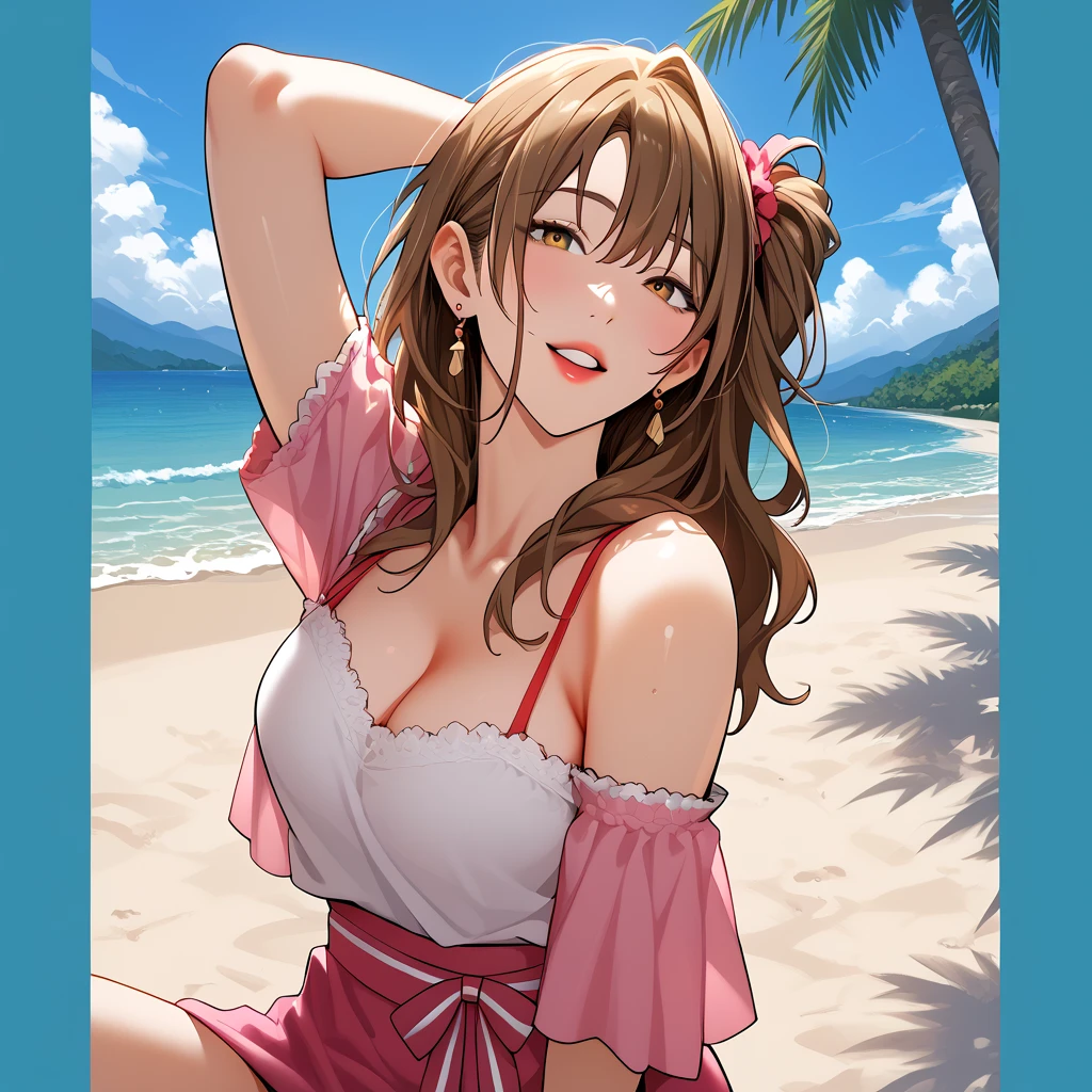 woman,Brown Hair,Long Hair,Hair tied up,Aloha Shirt,healthy,Sunburn,The view is of the Hawaiian beach,Palm Tree,Hibiscus is blooming,sexy,Beauty