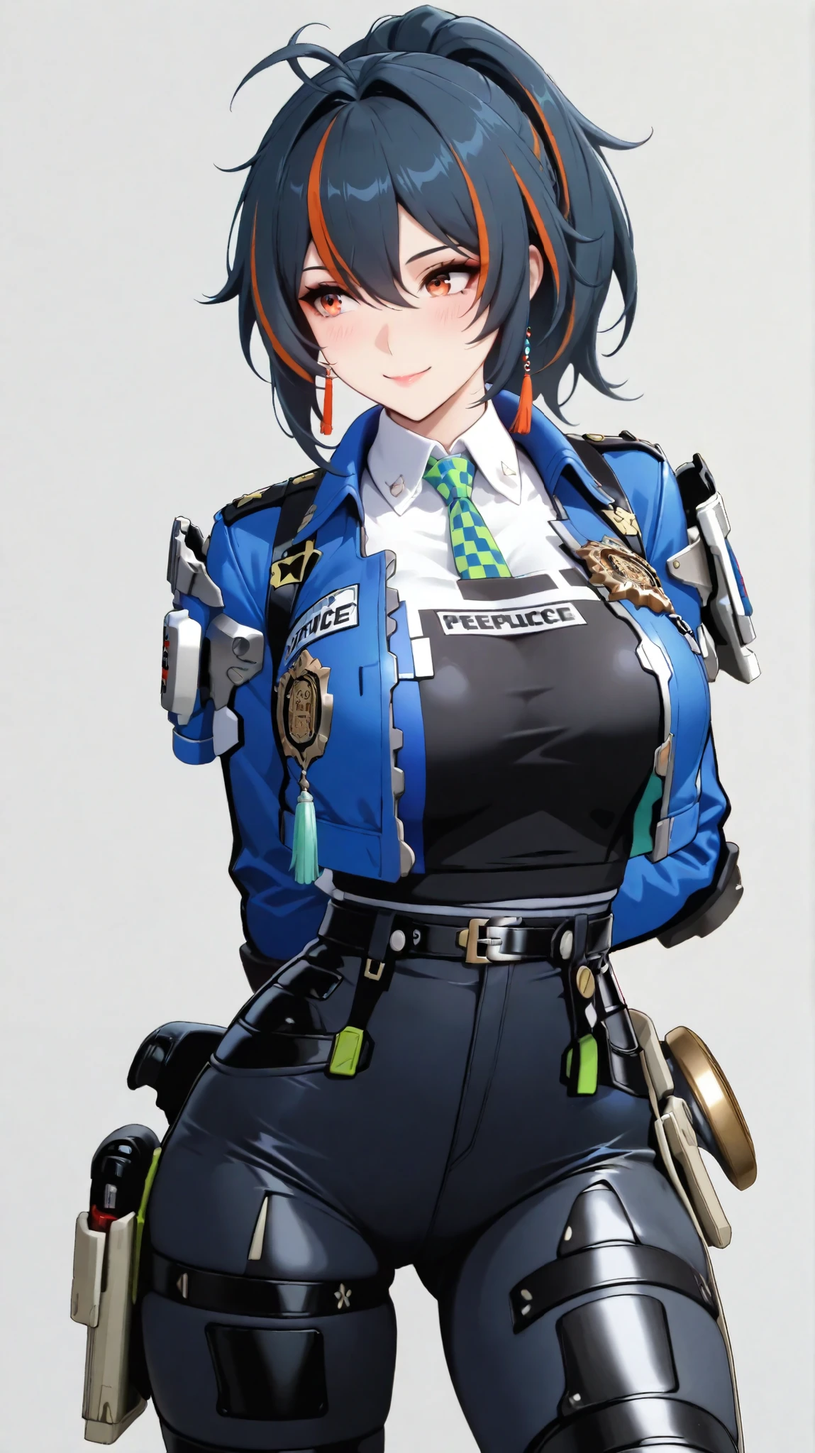 masterpiece, extremely detailed,perfect skin texture,4k,solo,1girl ,zhu yuan,smile,arms behind back,stand up,sexy pose,ponytail streaked hair,blush,police uniform, blue jacket, cropped jacket, long sleeves, black vest, two-tone vest, black gloves, green necktie, plaid necktie, black pants, high-waist pants, belt, thigh straps, knee pads, holster, tight pants, blue footwear,mature,sexy legs,perfect body,large breasts,high detailed, best quality, upper body, photography,cowboy shot,((white plain background))
