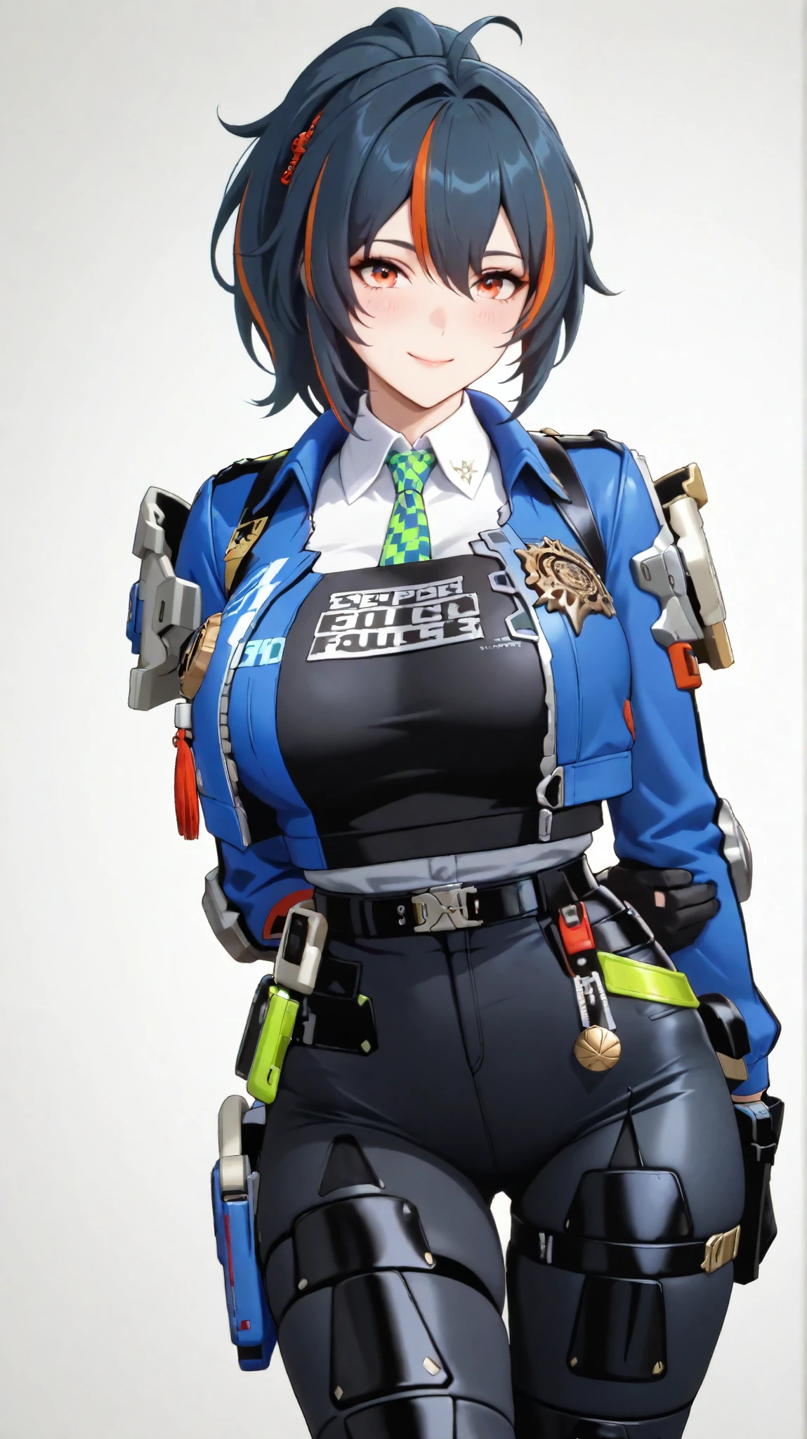 masterpiece, extremely detailed,perfect skin texture,4k,solo,1girl ,zhu yuan,smile,arms behind back,stand up,sexy pose,ponytail streaked hair,blush,police uniform, blue jacket, cropped jacket, long sleeves, black vest, two-tone vest, black gloves, green necktie, plaid necktie, black pants, high-waist pants, belt, thigh straps, knee pads, holster, tight pants, blue footwear,mature,sexy legs,perfect body,large breasts,high detailed, best quality, upper body, photography,cowboy shot,((white plain background))