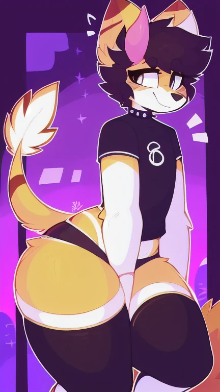 ((SFW)) ((18 year old, cute, furry, Australian Shepherd dog boy femboy wearing orange leotard turtleneck with a big bulge, a black beanie, and black and orange striped thigh-high socks, best quality)) ((hands behind head)) ((exposed hips)) 