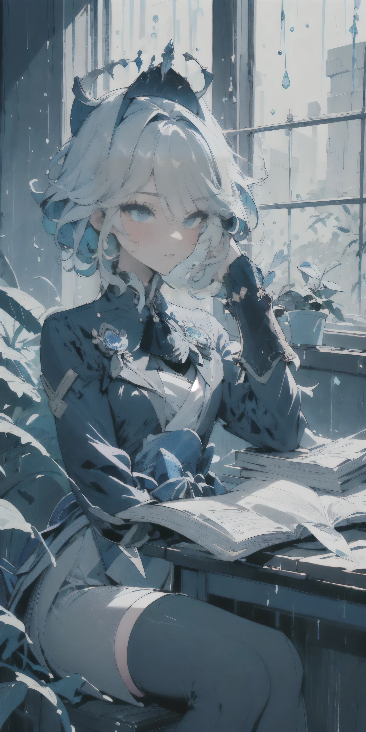 masterpiece, best quality, high resolution, ultra-detailed, 4k wallpaper, official art, Genshin Impact style, illustration, sharp focus,
(blue color palette:1.3), cool color tone, predominantly blue, moody lighting, rainy day atmosphere,
1girl, solo, Furina (Genshin Impact), Focalors, (default Hydro Archon outfit:1.1), blue and white dress,
(no hat:1.4), short white hair, heterochromia,
(beautiful detailed face:1.2), perfect eyes, intricate details on face, focused expression, calm expression, serene,
sitting at a wooden desk, reading a book, holding an open book, looking down at book,
(long shot:1.2), wide angle view,
indoors, spacious elegant room, sitting near a large window, (window behind desk:1.1), (rain outside:1.2), raindrops on window pane, blurred view through rainy window,
(small fancy cake:1.1), (cup of coffee:1.1), steam rising from coffee, plate, on the desk, beside the book,
delicate hands, detailed clothing folds, ambient occlusion, depth of field (focus mainly on the desk area and window, character slightly less sharp than closest objects)
