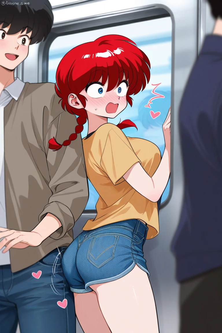 sam, totally spies, skinny, standing, inside a train, orange hair, bare shoulders, fat man behind her, pants pulled down, ahegao, grabbing arms, nail polish, forced, sex